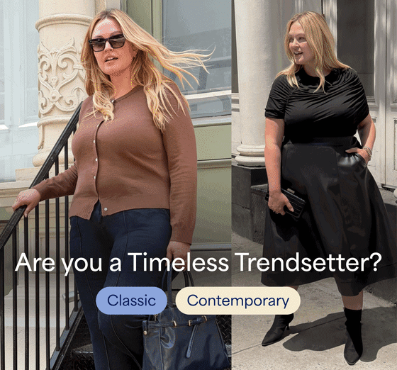 A split fashion graphic asking "Are you a Timeless Trendsetter?" featuring two styles. On the left, a blonde woman wearing sunglasses poses on outdoor railing steps in a brown cardigan sweater and dark pants (tagged Classic). On the right, a blonde woman stands outdoors wearing a black draped short-sleeve top, a full black midi skirt, and black ankle boots (tagged Contemporary). A split fashion graphic asking "Are you a Modern Authentic?" featuring two styles. On the left, a smiling redheaded woman poses on outdoor steps wearing a patterned purple and white turtleneck sweater and white trousers (tagged Contemporary). On the right, a redheaded woman wearing sunglasses walks on a sidewalk in a dark navy jacket over a striped top and blue jeans (tagged Heritage). A split fashion graphic asking "Are you a Casual Classic?" featuring two styles. On the left, a dark-haired woman wearing sunglasses poses in a dark brown half-zip sweatshirt layered over a striped tee (tagged Classic). On the right, a woman wearing a white cap stands on a sidewalk in an oversized navy sweatshirt, dark leggings, a shoulder bag, and white sneakers (tagged Active).