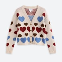 Stitch Fix cream cardigan with red, brown, and blue hearts