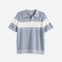 Men's blue short sleeve polo shirt with a white stripe