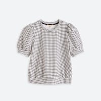 Women's short puff sleeve white and black polka dot top