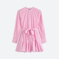 Women's short red vertical striped button front dress with tie waist