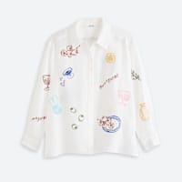 Women's graphic white button down long sleeve shirt with collar