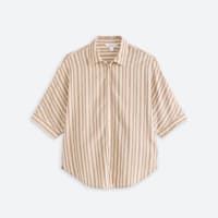 Women's tan and white striped short sleeve button front top with collar