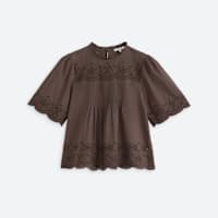 Women's brown short sleeve shirt with scallop detail