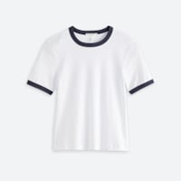 Women's white short sleeve tee with black ring collar and sleeves