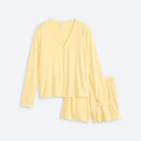 Women's yellow long sleeve v neck top and pajama shorts set