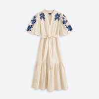 Women's petite white tie waist midi dress with blue embroidery on the shoulders and sleeves