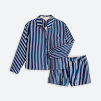 Women's blue striped long sleeve top and shorts pajama set