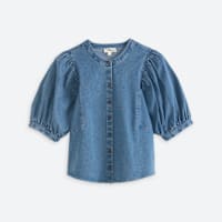 Women's denim button front blouse with puff sleeves