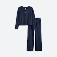 Women's navy blue button front long sleeve top and pants pajama set