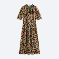 Women's brown short sleeve paisley dress with ruffle hem