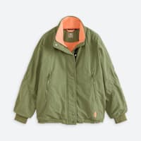 Women's olive green bomber jacket with light pink collar