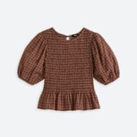 Women's brown smocked shirt with puff sleeves