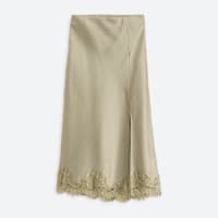 Women's light olive satin skirt with lace trim