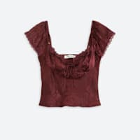 Women's satin and lace burgundy cap sleeve top
