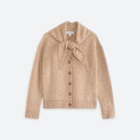 Women's tan cardigan with built in scarf