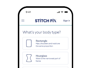Stitch Fix app showing our style quiz. Text reads: What’s your body type?