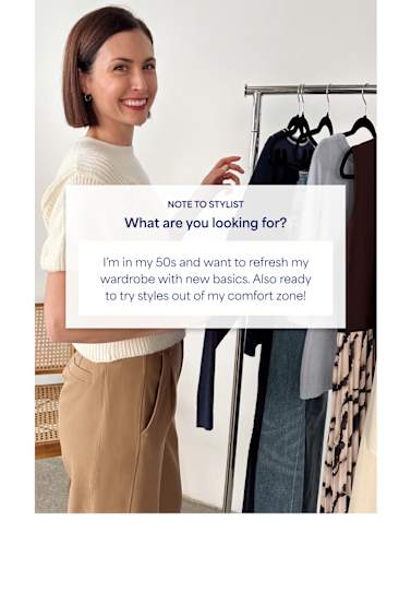 Woman smiling while reviewing outfits on a clothing rack—Stitch Fix personal styling for a wardrobe refresh in your 30s, 40s or 50s.