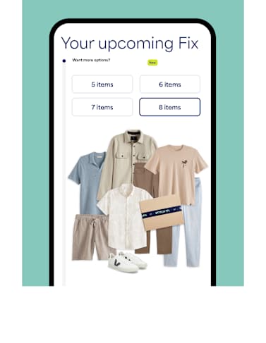 Stitch Fix 5–8 item Fix options shown with casual men’s clothes, shoes and styling box preview.