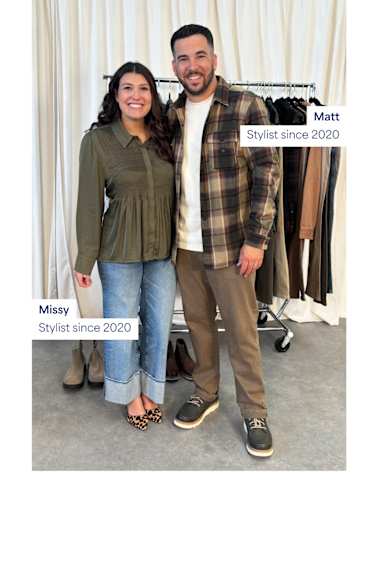 An image of two real Stitch Fix Stylists, Missy and Matt, posing in front of a clothing rack in a studio.
