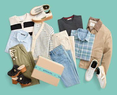 image of mens and women's clothing with a Stitch Fix box