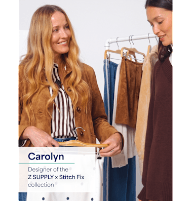 A woman models a Stitch Fix outfit in a mirror selfie, wearing a brown-and-white striped button-up shirt tucked into a chocolate brown midi skirt with white polka dots, with a light blue sweater draped over her shoulders and black mesh Mary Jane flats. Stitch Fix interface overlays show the featured Z SUPPLY Christi Button Up with an "Add to Fix" button, a message from Stylist Lainie reading "Nice pick! Here's your Fix!", and a curated outfit featuring the striped shirt, polka dot skirt, light blue long-sleeve top, and black flats.