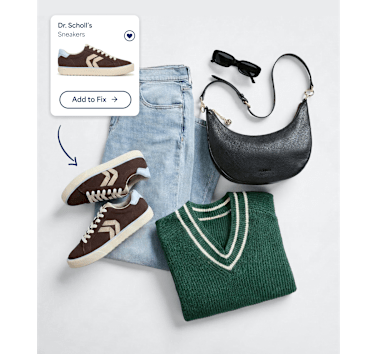 A woman wears a brown button-front cardigan with dark wide-leg jeans, black loafers, and a black leather handbag while viewing a Stitch Fix styling experience. Product and outfit recommendation cards highlight the featured cardigan and a coordinated look curated by her Stylist.