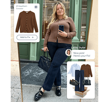 A woman wears a brown button-front cardigan with dark wide-leg jeans, black loafers, and a black leather handbag while viewing a Stitch Fix styling experience. Product and outfit recommendation cards highlight the featured cardigan and a coordinated look curated by her Stylist.