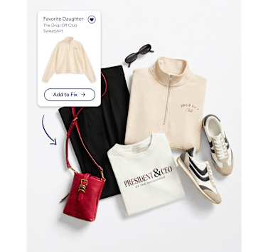 Flat lay featuring a cream "Drop Off Club" quarter-zip sweatshirt styled with black pants, a white "President & CEO of the Household" T-shirt, white and gray sneakers, black sunglasses, and a red crossbody bag. An overlay displays a Stitch Fix product card for the sweatshirt with an "Add to Fix" button and a hand-drawn arrow pointing to the bag.