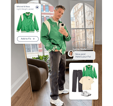 Man in a green bomber jacket, cream top, dark jeans, and white sneakers, with a product overlay of selected item plus complete Fix