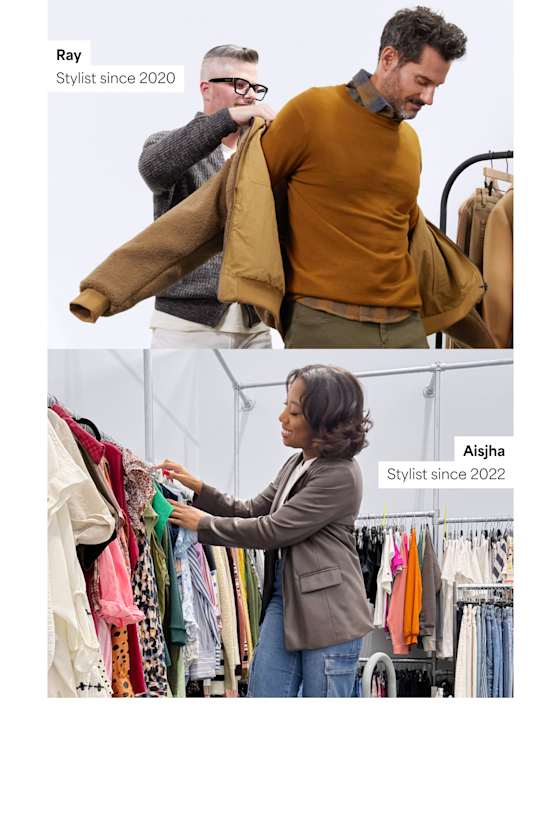 Models wearing Stitch Fix mens clothing including tan sweater, brown zip-up jacket and olive pants.  Stylist wearing Stitch Fix women’s clothing including a brown blazer. Text reads: Aisjha, Stylist since 2022. 