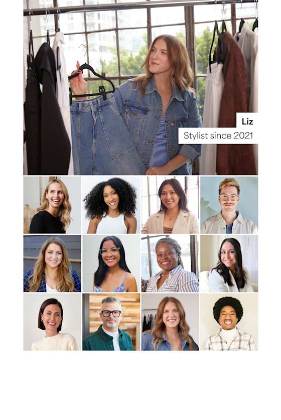 Woman wearing Stitch Fix clothes: jean jacket and striped shirt, holding jeans on a hanger.   Various Stitch Fix Stylists headshot photos. 
