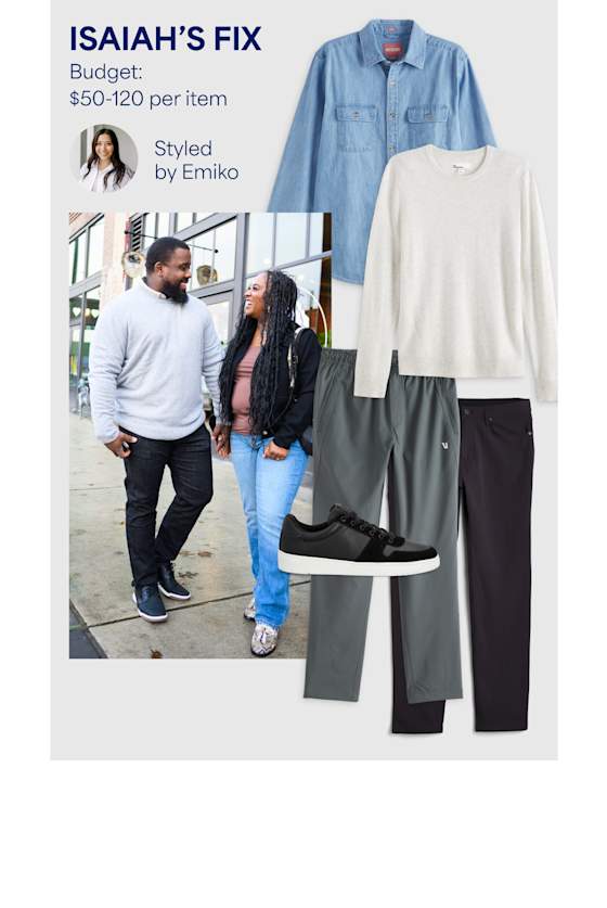 ISAIAH’S FIX (Styled by Emiko) – Budget: $50–120 per item Isaiah and his partner walk hand-in-hand, dressed casually. His flat-lay outfit includes a white sweater, navy chinos, black sneakers, a denim overshirt, and olive-green pants—perfect for everyday comfort with style.
