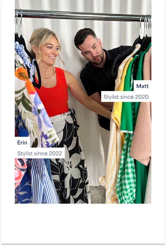 Stitch Fix Stylists Erin and Matt looking through colorful women’s clothing on a rack. Erin: Stylist since 2022. Matt: Stylist since 2020.