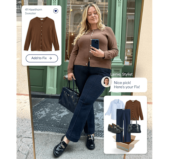 A woman wears a brown button-front cardigan with dark wide-leg jeans, black loafers, and a black leather handbag while viewing a Stitch Fix styling experience. Product and outfit recommendation cards highlight the featured cardigan and a coordinated look curated by her Stylist.