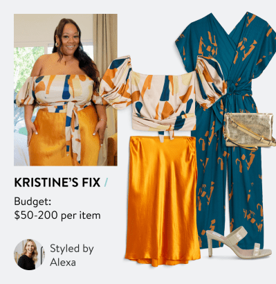Kristine’s Fix. Budget: $50-200 per item. Styled by Alexa. Woman in colorful silky blouse and orange skirt from Stitch Fix, selection of Stitch Fix outfit with silky blue and orange jumpsuit, patent leather high heel sandals and metallic crossbody bag, Stitch Fix Stylist wearing black top